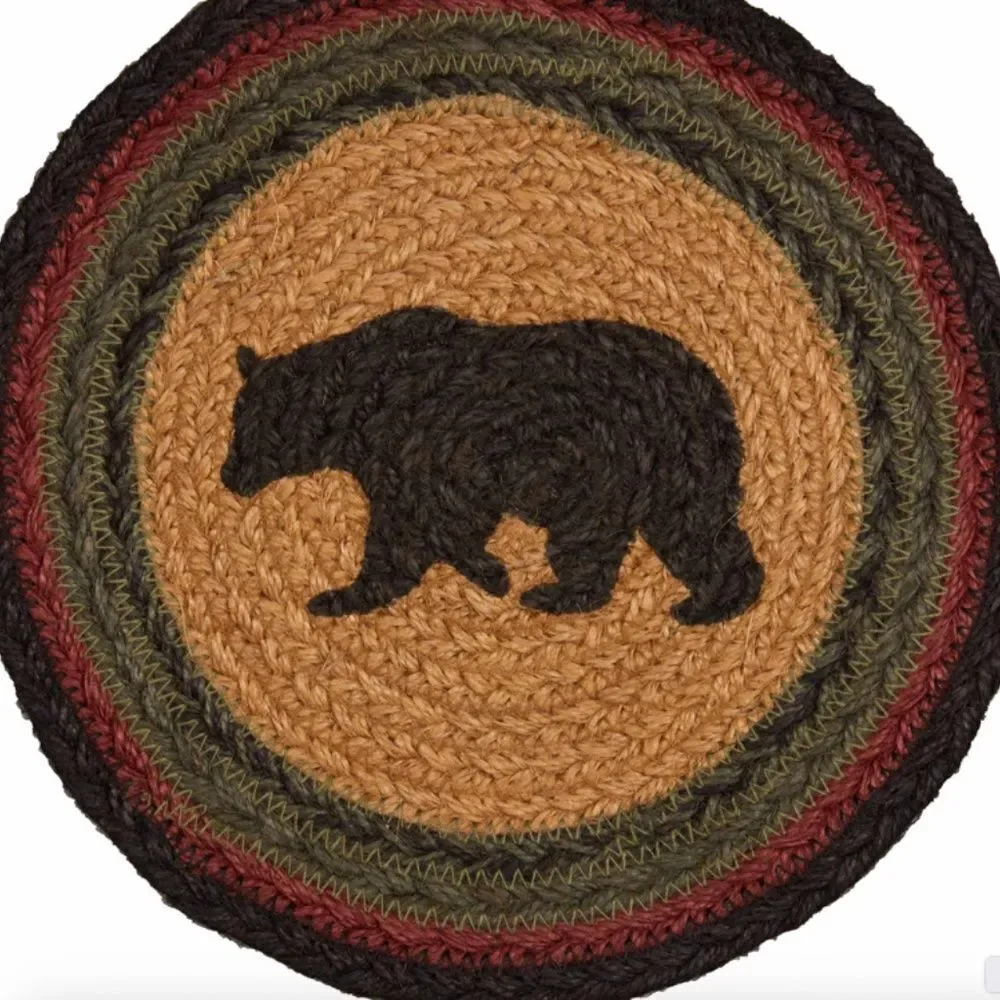 Black Bear Jute Braided Stenciled Round 8 Inch Table Trivet Lodge Cabin Rustic